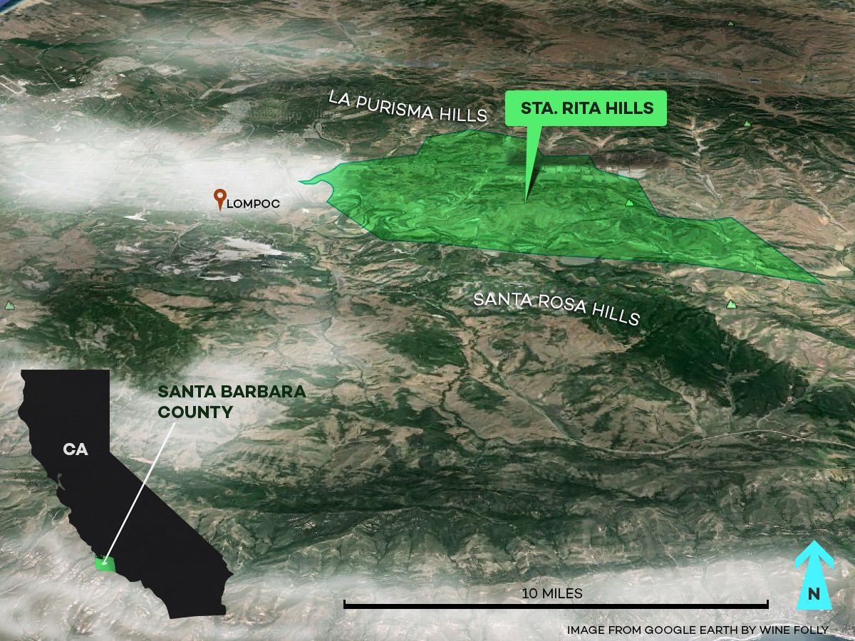 Mapa vína AVA Sta Rita Hills v okrese Santa Barbara