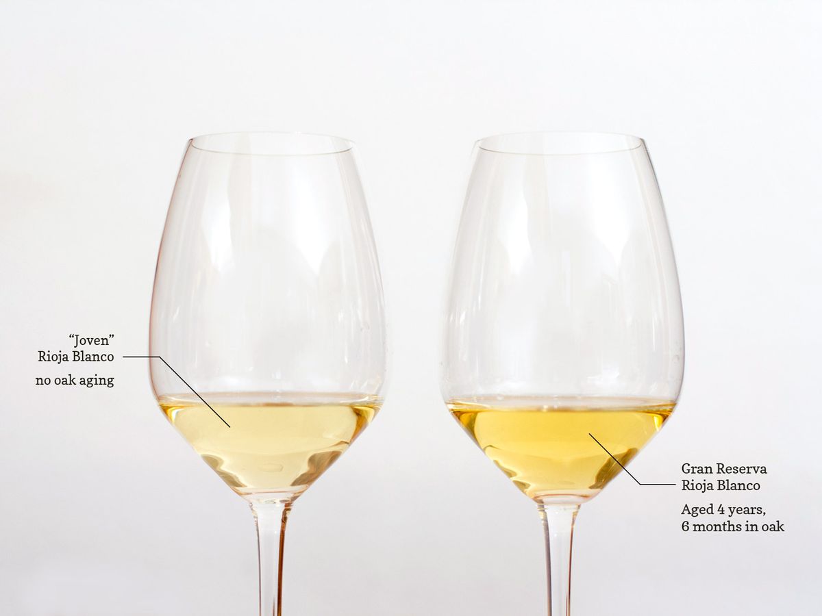 Valserrano व्हाइट Rioja वाइन ग्लास कलर अंतर में उम्र से