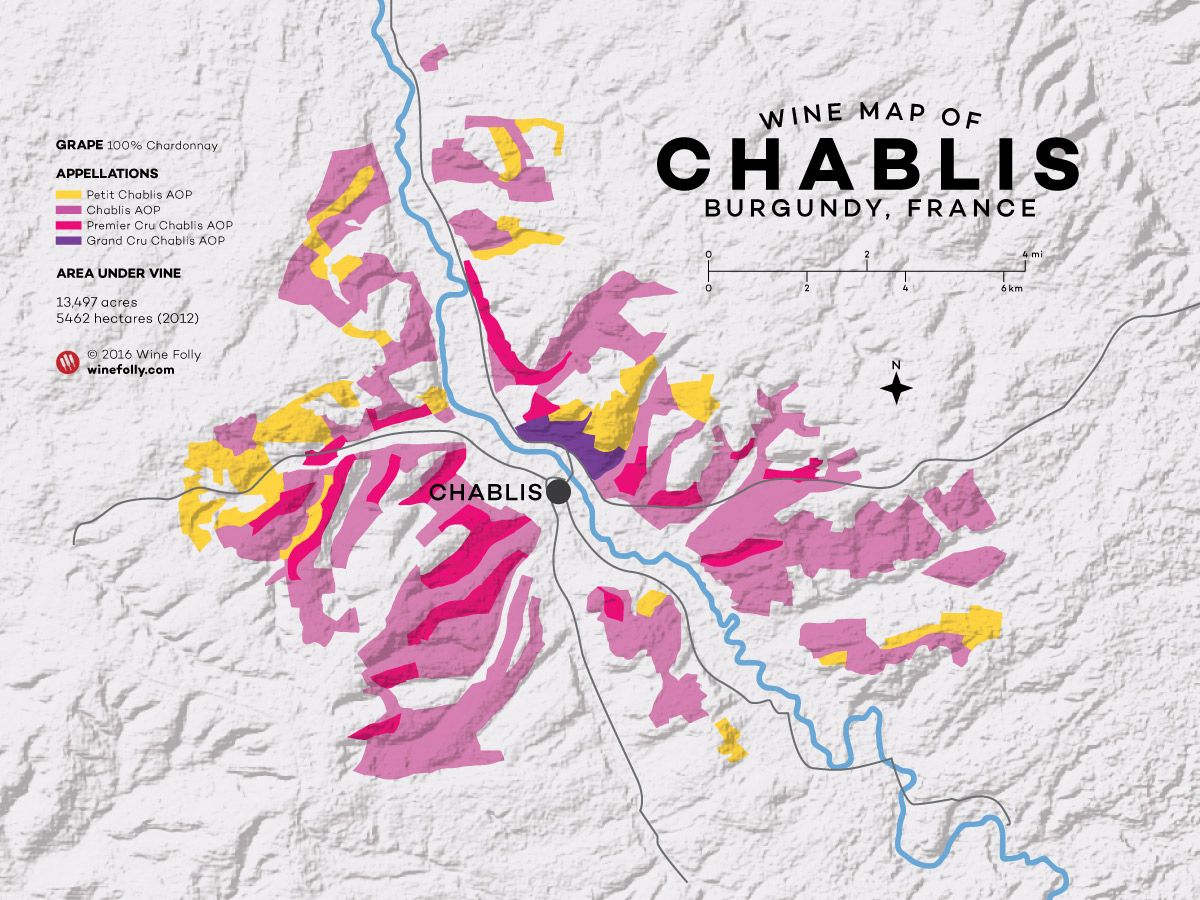 „Chablis“ vyno žemėlapis Burgundijoje, Prancūzijoje, pateikė „Wine Folly“