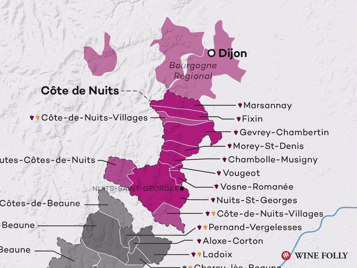 „Côte de Nuits Bourgogne Burgundy“ vyno žemėlapis pagal „Wine Folly“