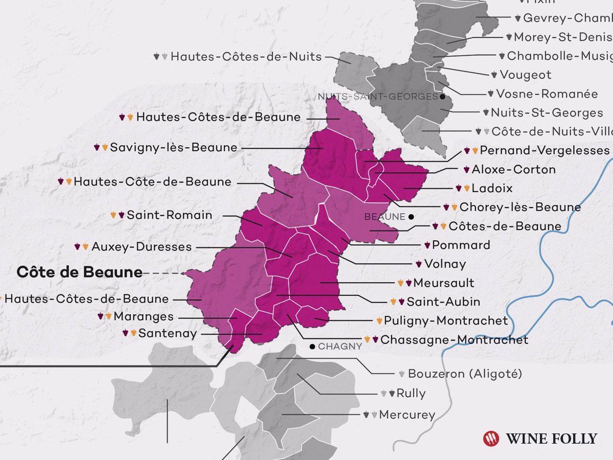 Côte de Beaune vīna karte Burgundijas Bourgogne kartē, ko sagatavojusi Wine Folly
