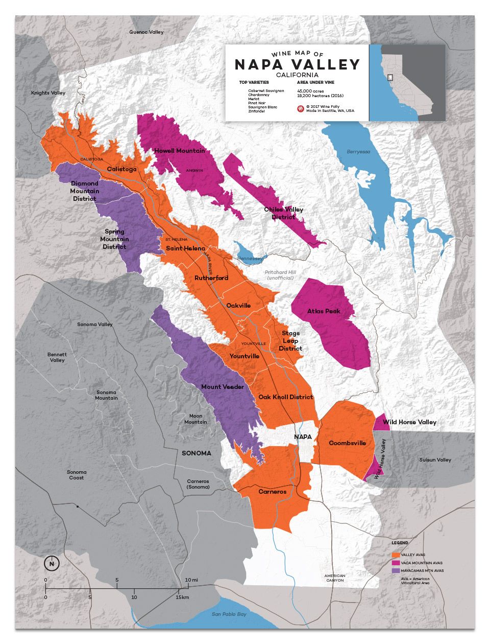 Карта на долината на Калифорния Напа от Wine Folly
