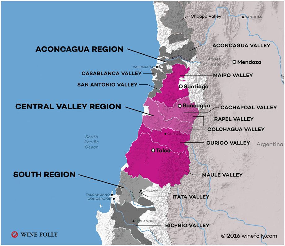Čilės centrinio slėnio regiono vyno žemėlapio ištrauka, kurią sukūrė „Wine Folly“