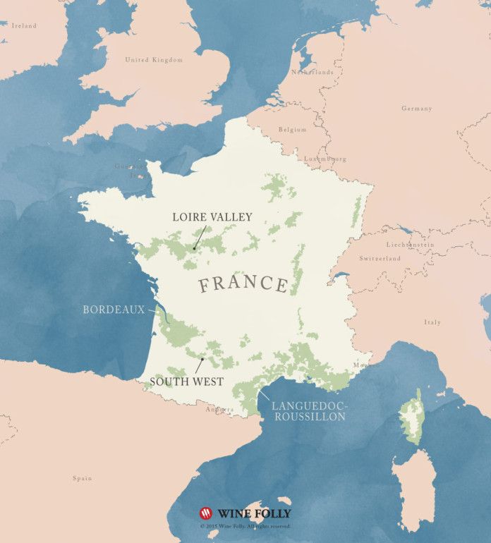 Francija Sauvignon Blanc vīna reģionu karte pēc Wine Folly