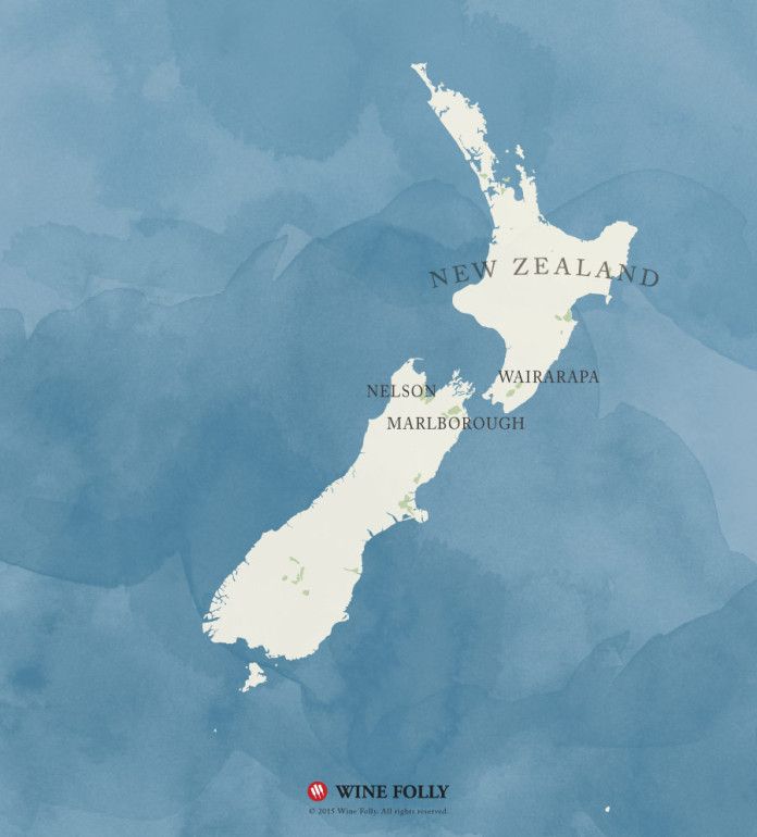 Jaunzēlandes Sauvignon Blanc vīna reģionu karte, ko sagatavojusi Wine Folly