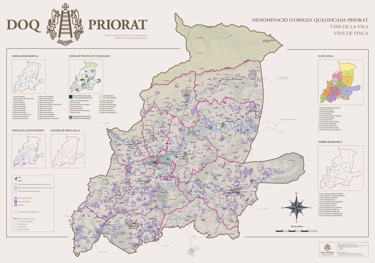 Carte de la région viticole du Priorat DOP avec l