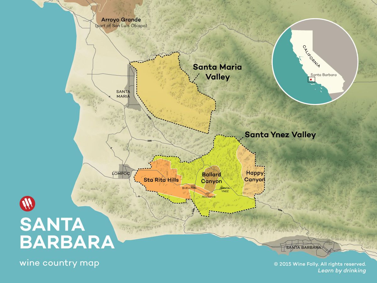 Santa Barbaros vyno šalies žemėlapis, kurį sukūrė „Wine Folly“
