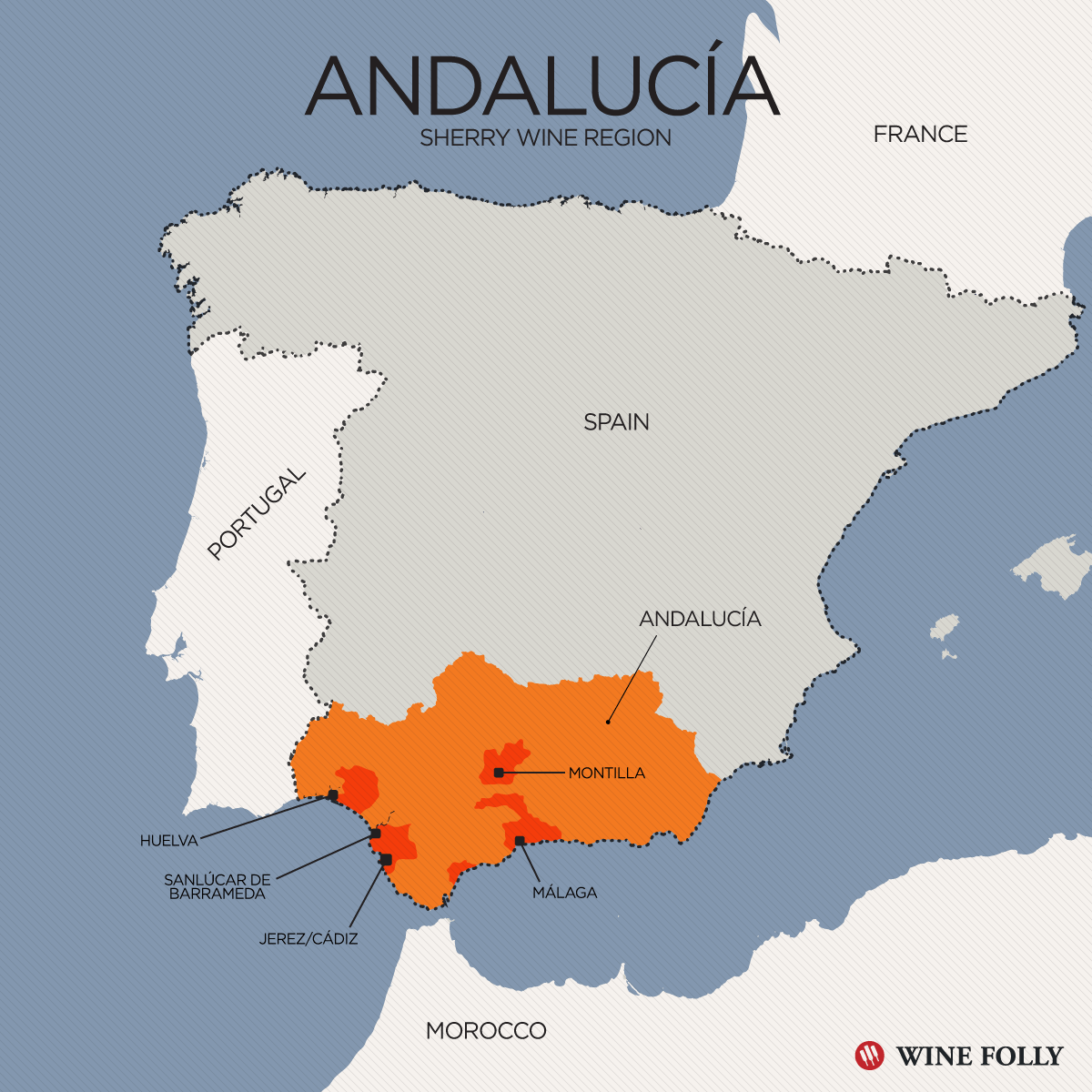 Andalūzijos vyno šalies žemėlapis