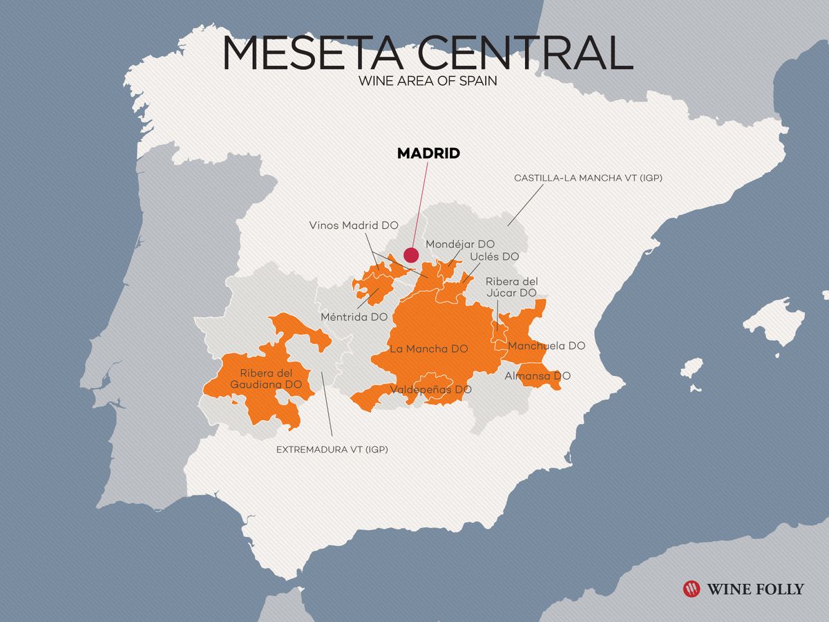 वाइन फॉली द्वारा स्पेन कैस्टिला-ला मंच सेंट्रल पठार क्षेत्र का नक्शा