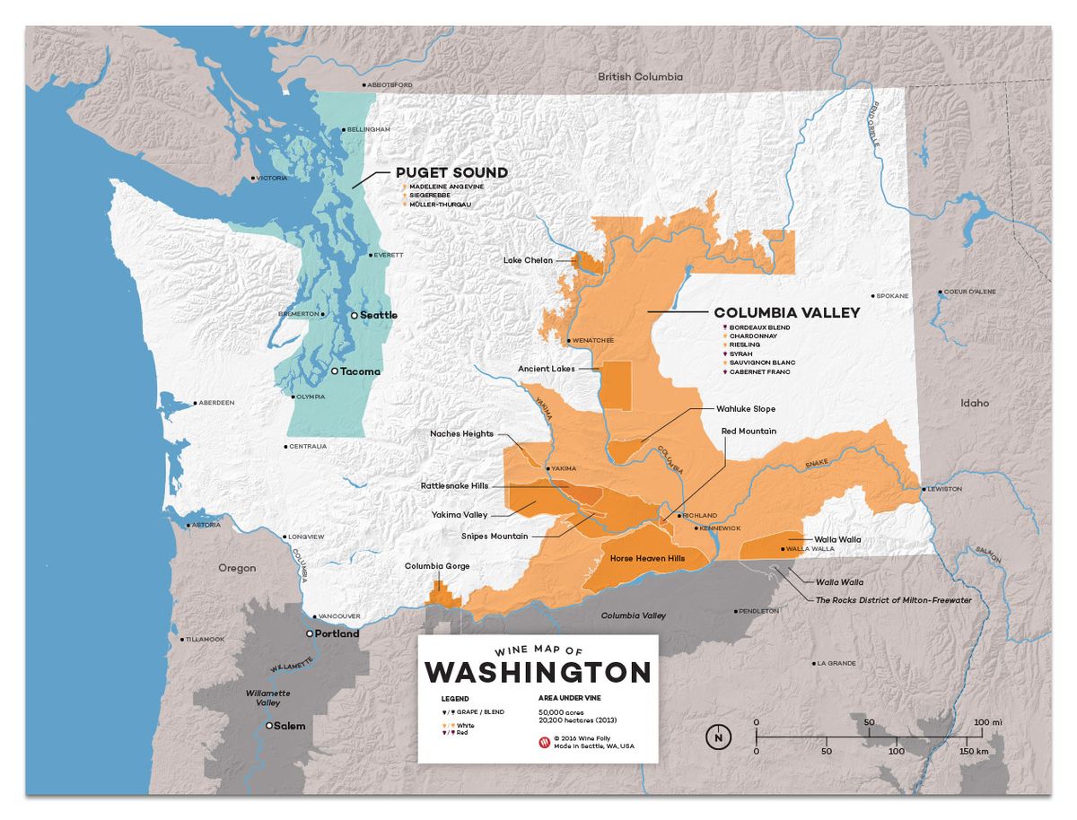 Винени региони на регионалната карта на Вашингтон от Wine Folly - 12x16