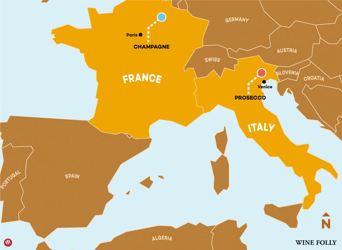 Isang Mapa ng Alak ng Mga Rehiyon ng Champagne at Prosecco sa Europa - Pagkaloko ng Alak