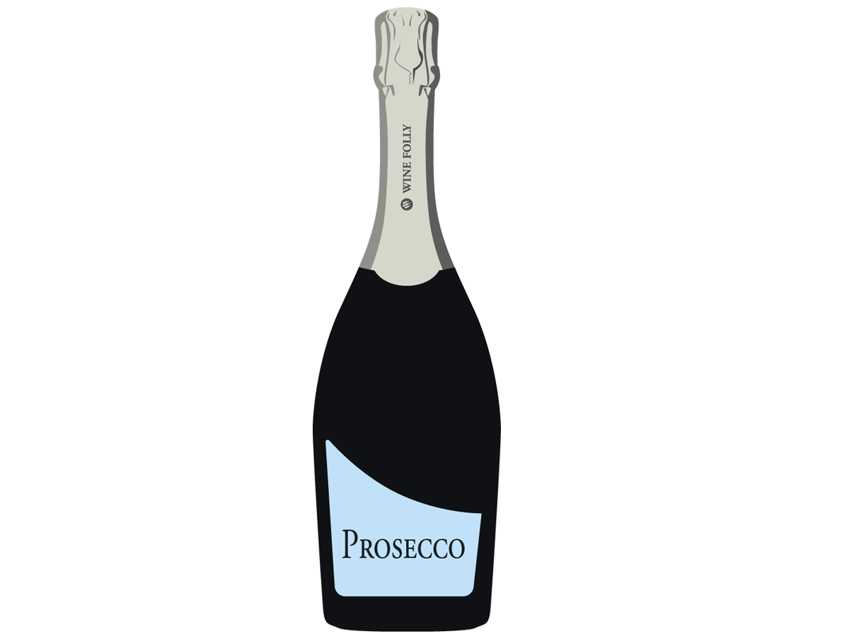 „Prosecco“ butelis su mėlyna etikete - „Wine Folly“ iliustracija