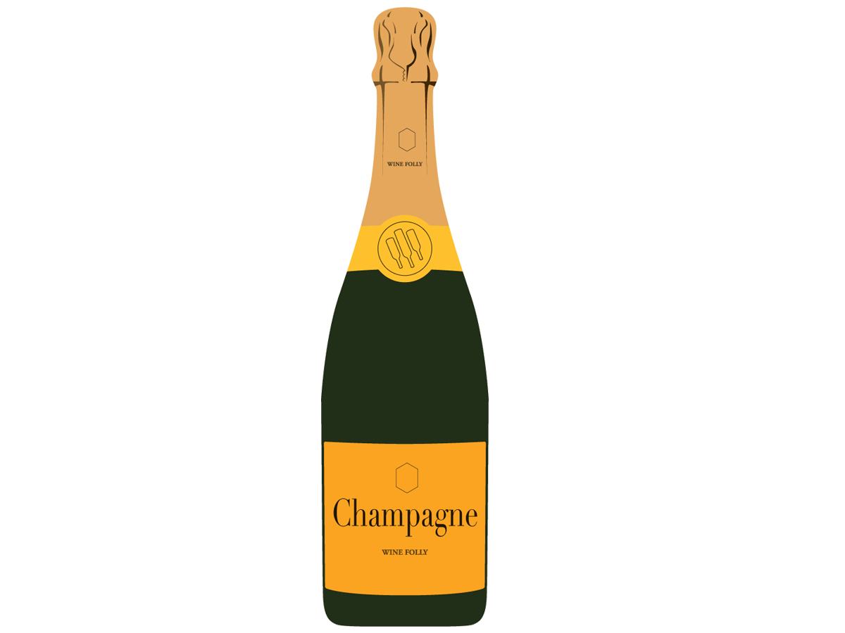 Ilustración de etiqueta dorada de botella de champán por Wine Folly