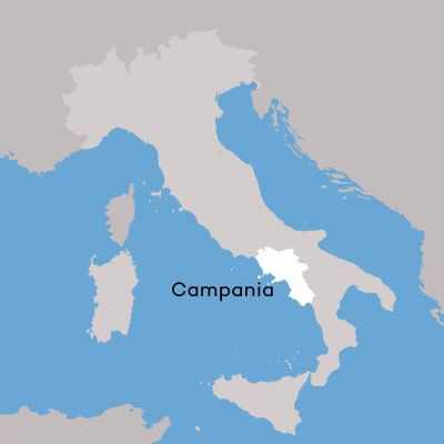 Mapa de la región vinícola de Campania por Wine Folly