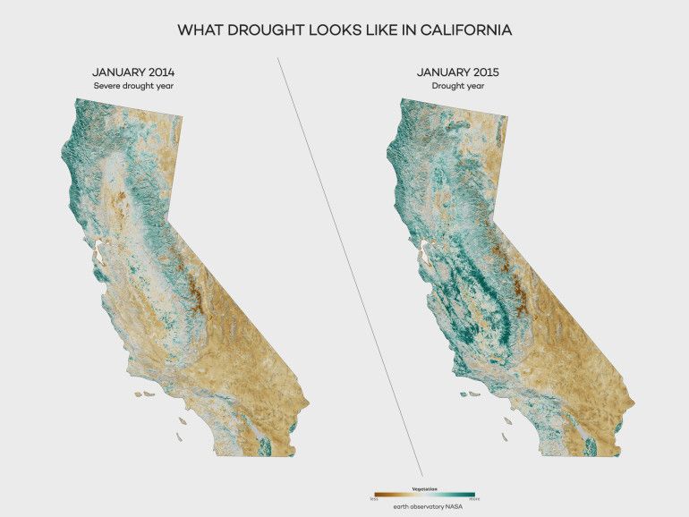 Растителност в сушените години в Калифорния от земната обсерватория на НАСА