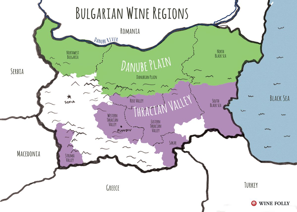 Bulgarijos vyno regionų žemėlapio „Wine Folly“ iliustracija