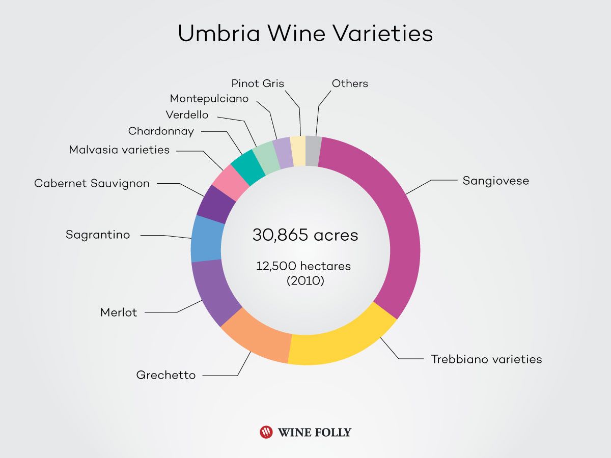 Umbrijos vyno veislės pagal plotą