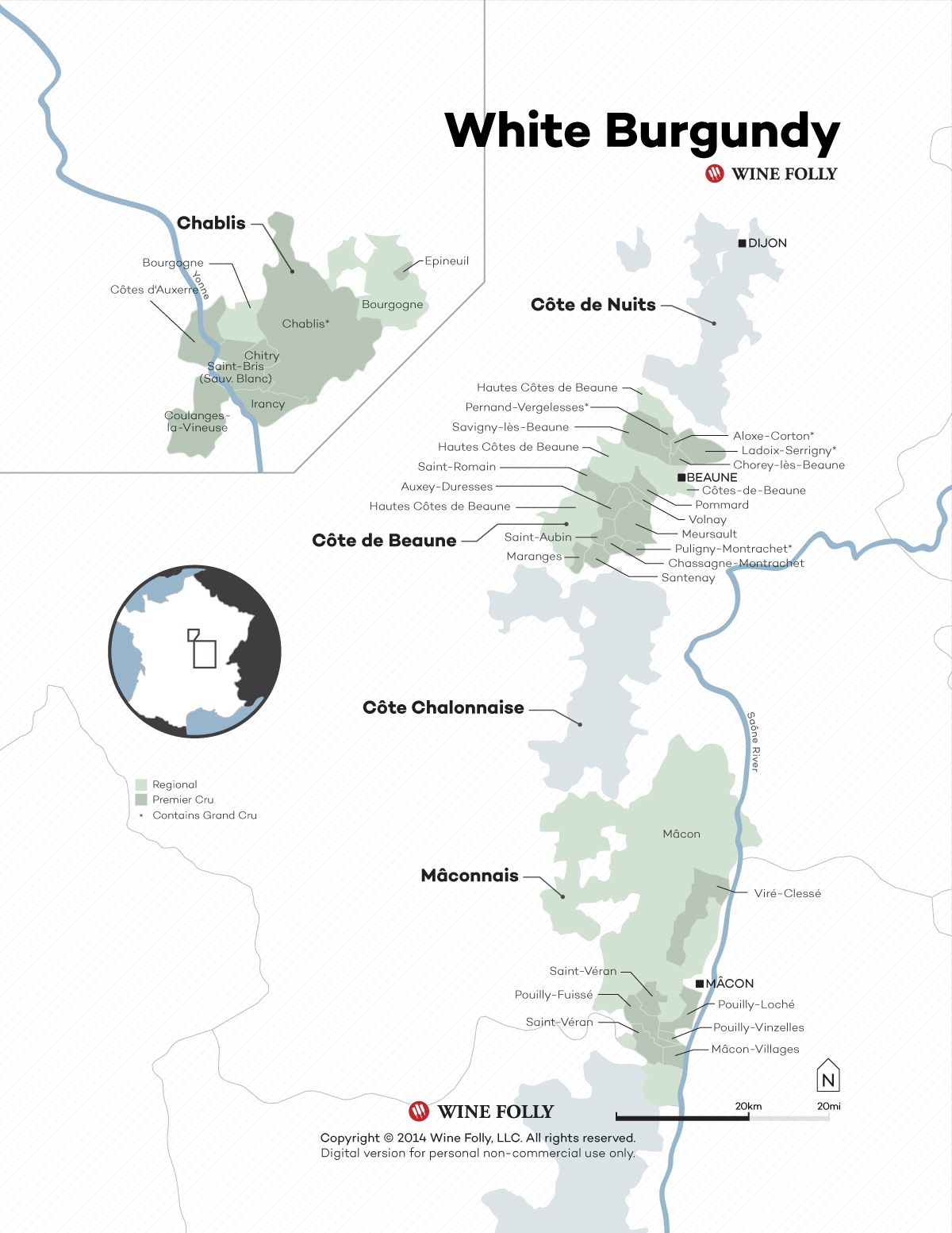 Prancūzijos baltojo burgundiško vyno žemėlapis pagal „Wine Folly 2015“
