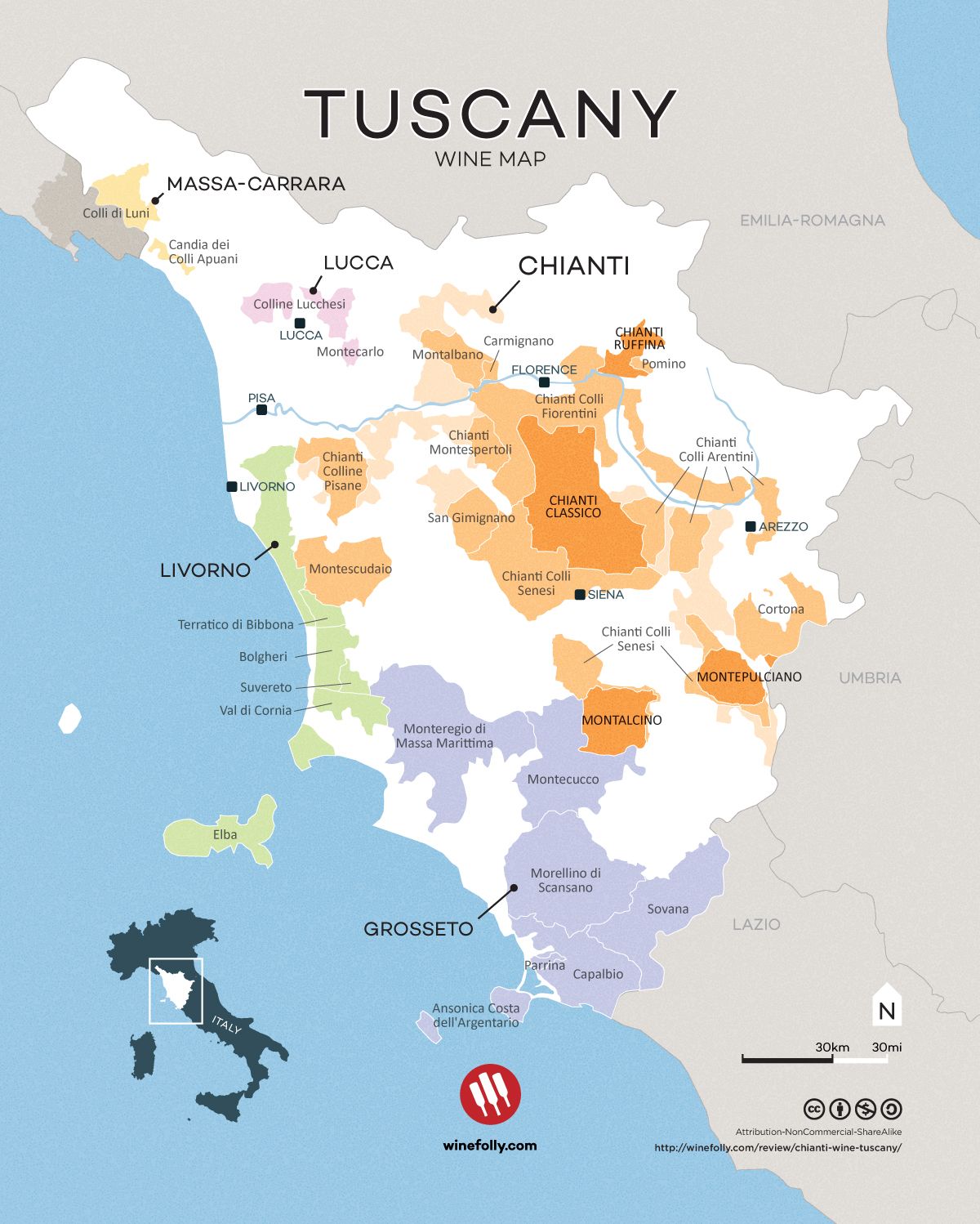 Toskanos vynas-žemėlapis po vyną