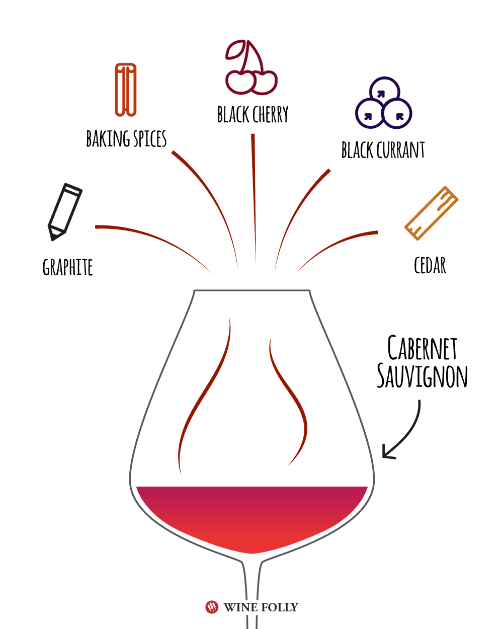 „Cabernet Sauvignon“ degustacijos užrašai - „Wine Folly“ iliustracija