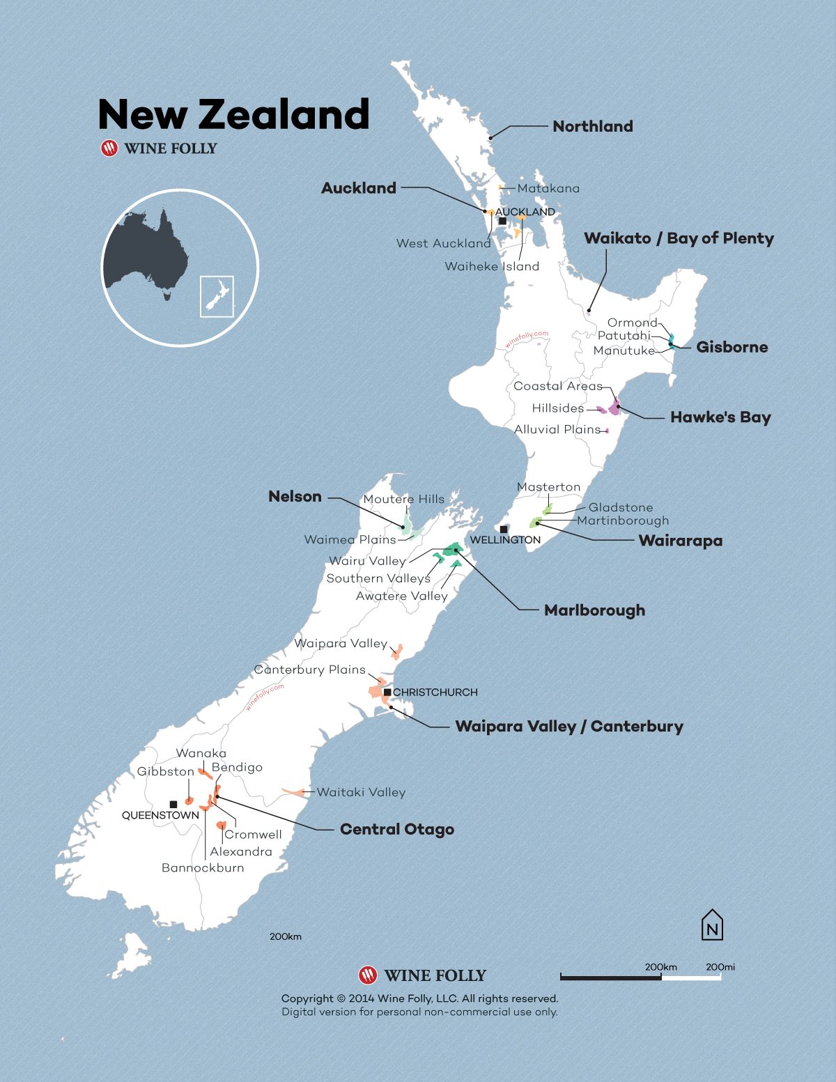 Novozelandski vinski zemljevid 2015 avtorja Wine Folly