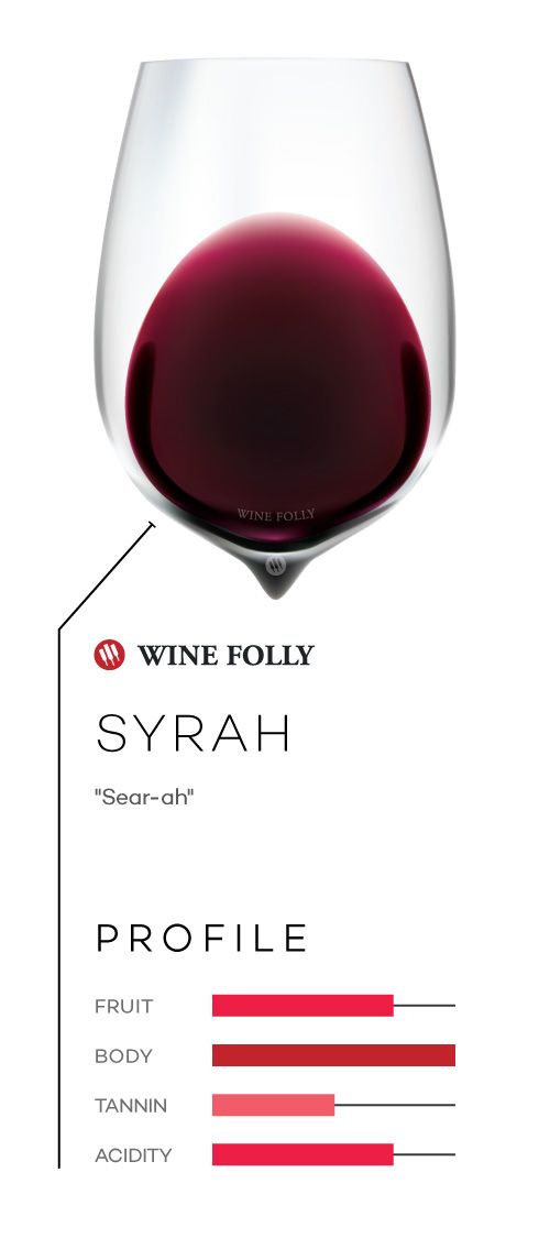 Víno Syrah v pohári s chuťovým profilom a výslovnosťou