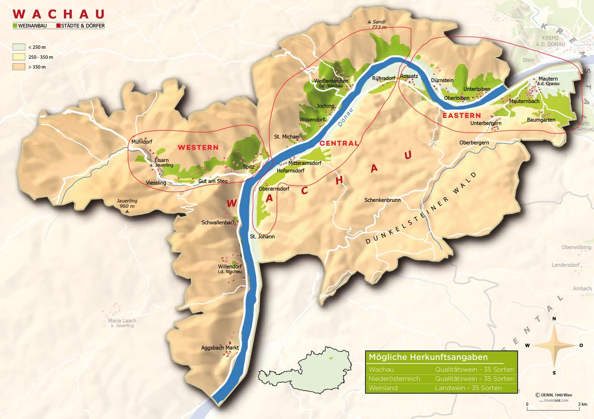 Wachau slėnio vyno regiono žemėlapis