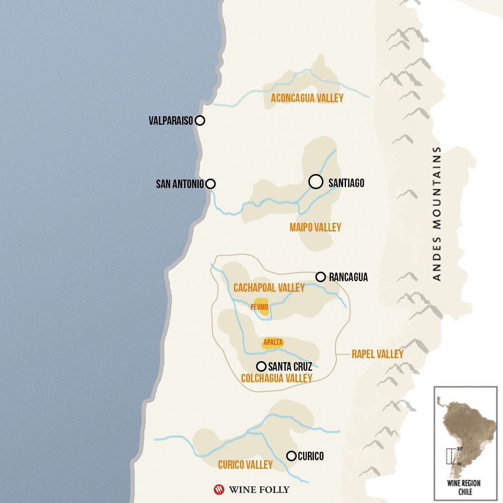 Mapa vína v Čile Cabernet Regióny Peumo Apalta Colchagua Cachapoal Maipo Čile