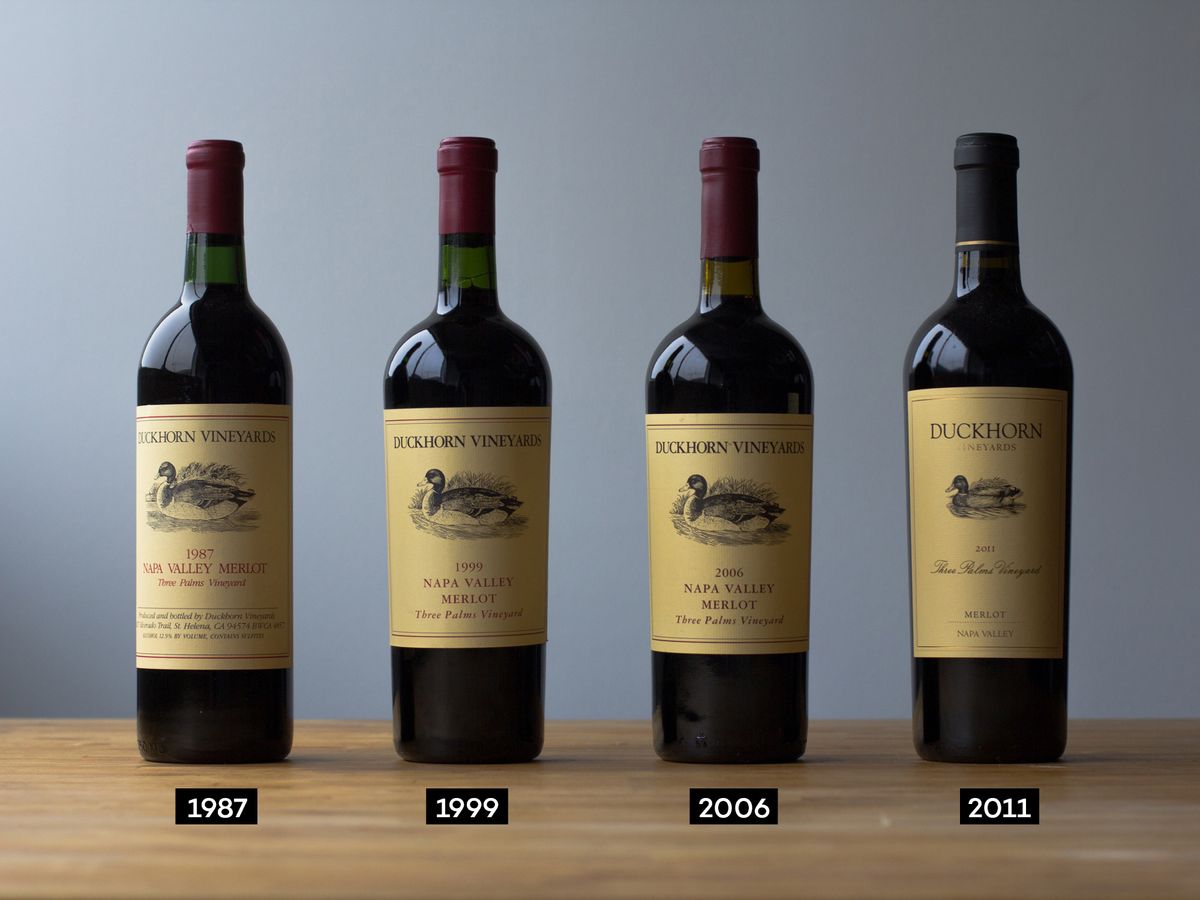 Duckhorn 1987, 1999, 2006 in 2011 letniki treh palm Merlot podjetja Wine Folly