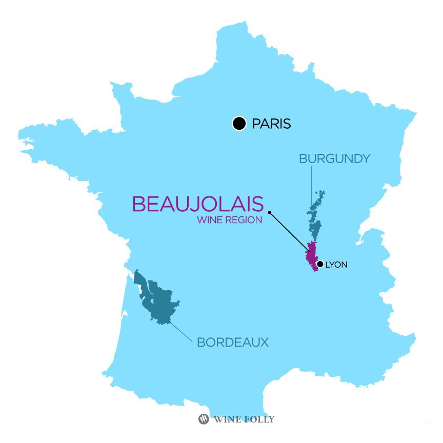 „Beaujolais“ Prancūzijos vyno žemėlapis, kurį sukūrė „Wine Folly“