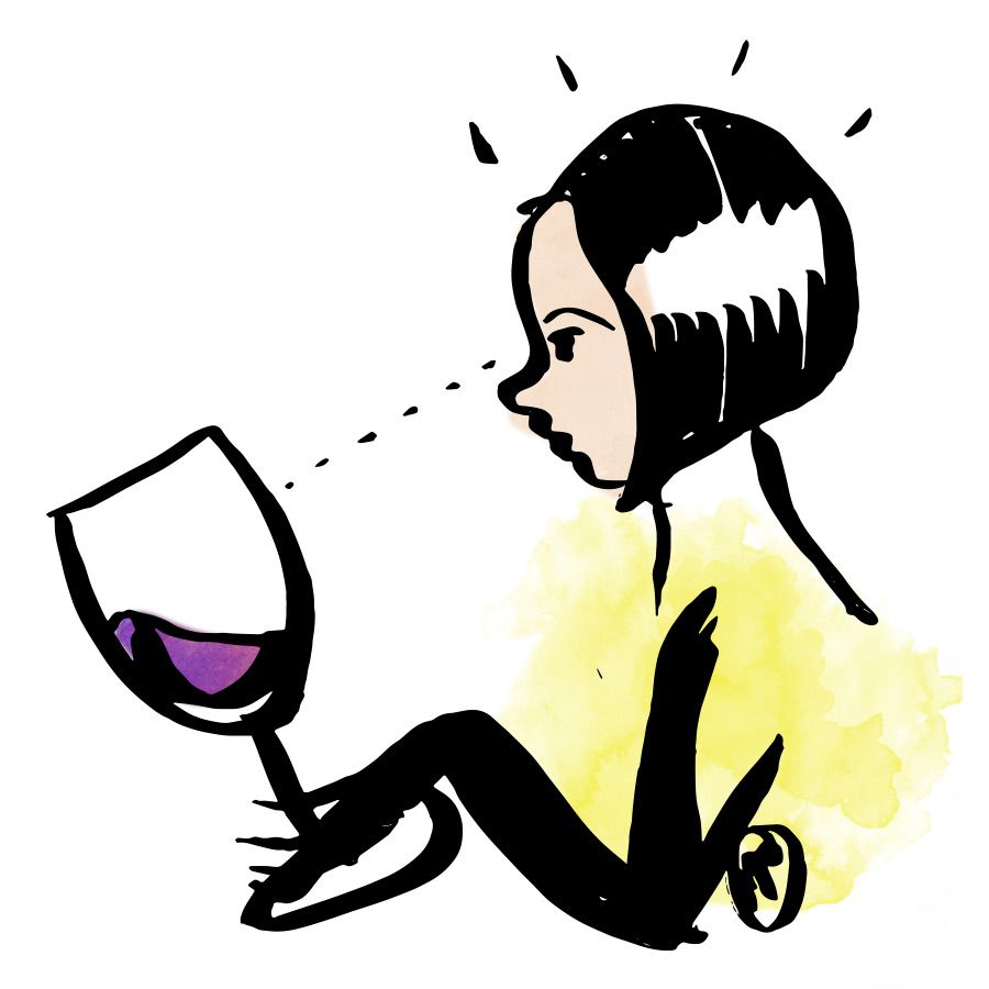 Илюстрация на жена, разглеждаща чаша вино, създадена от Маделин Пукет в Wine Folly
