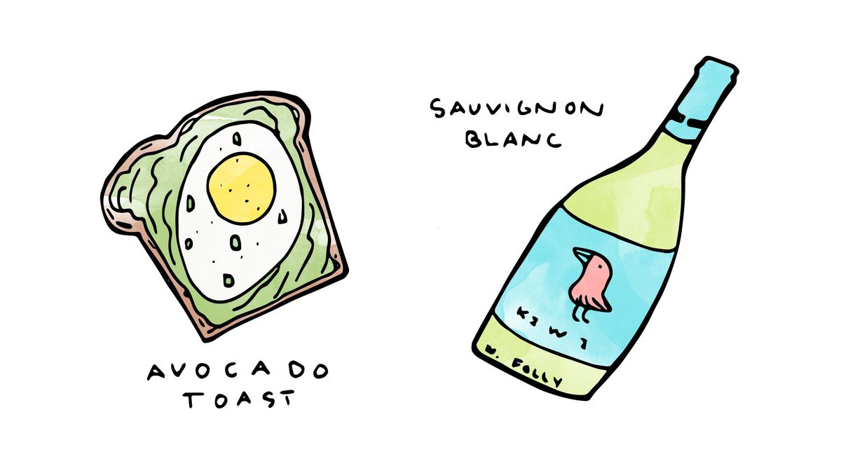 „Avocado Toast“ vyno derinimas su „Wine Folly“ iliustracija „Sauvignon Blanc“