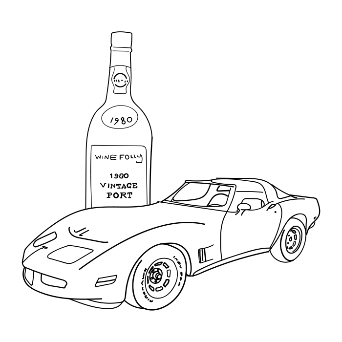 איור קורבט משנות השמונים עם בקבוק יין פורט משנת 1980
