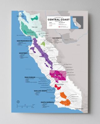 12x16 JAV Kalifornijos centrinės pakrantės (Santa Barbara, Paso Robles ir kt.) Vyno žemėlapis, kurį sukūrė „Wine Folly“