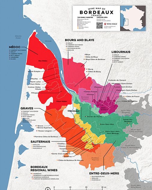 Vinski zemljevid Bordeaux France - Wine Folly