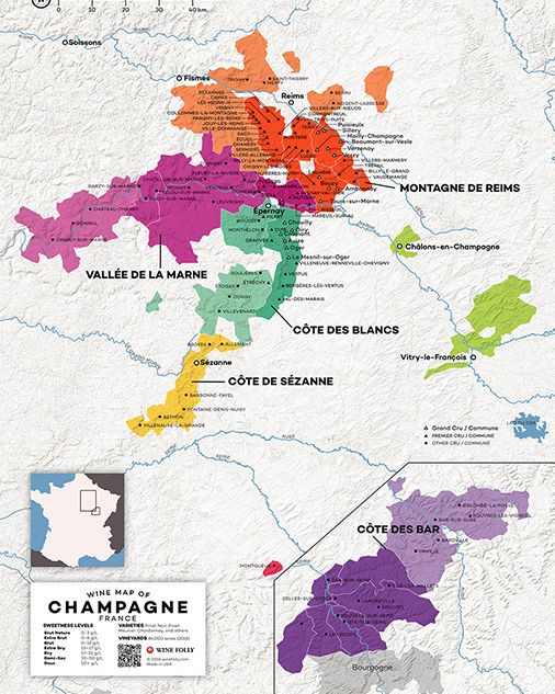 Vinski zemljevid šampanjca podjetja Wine Folly - podroben