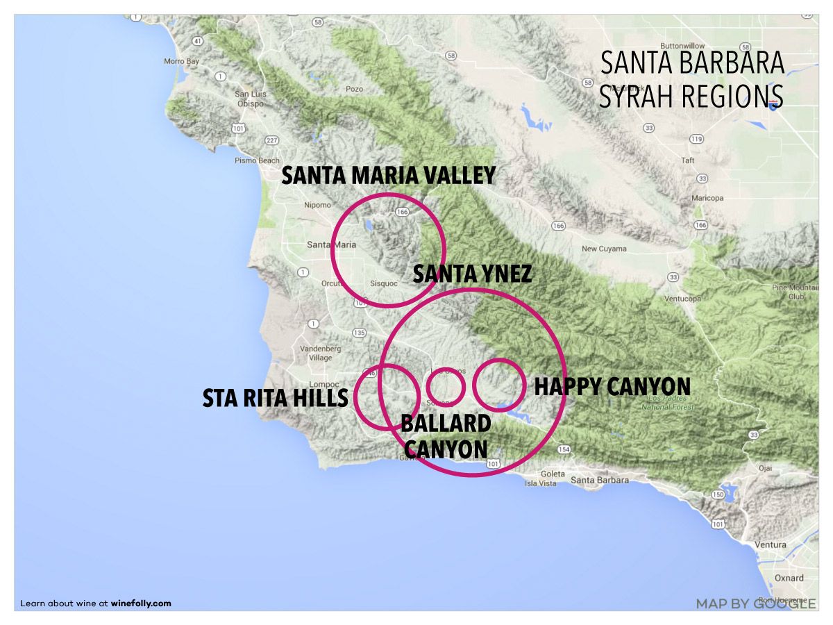 Карта на винен регион Санта Барбара за Сира