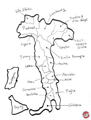 ranka pieštas italijos vyno žemėlapis