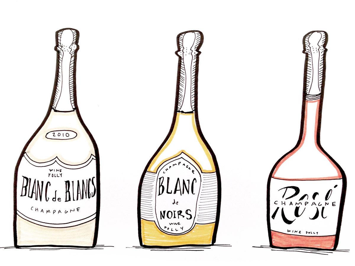 Illustrations of bottles of Champagne Rosé, Blanc de Noirs, Blanc de Blancs by Wine Folly