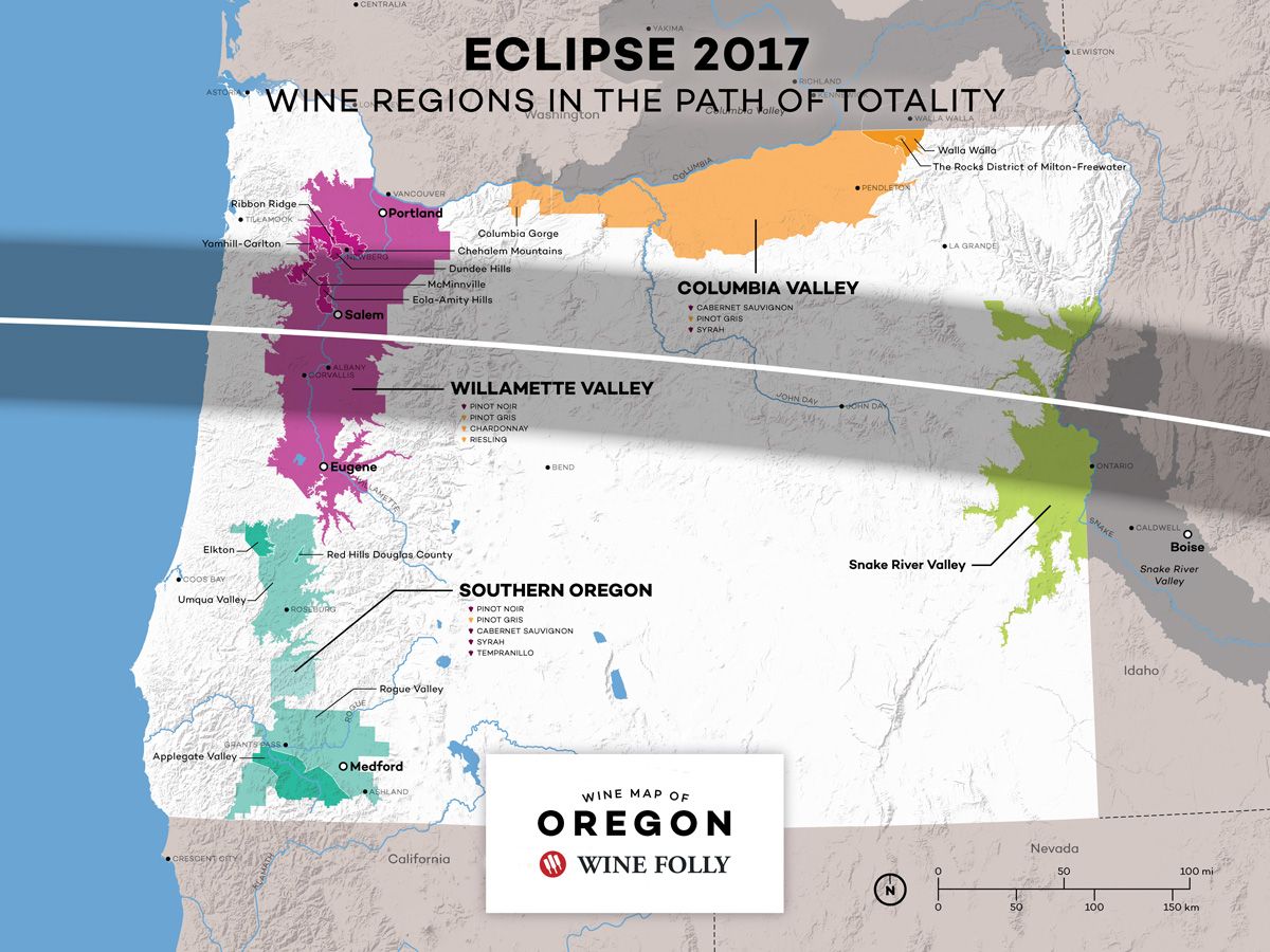 USA Oregon Eclipse Path Map Mga Rehiyon ng Alak sa pamamagitan ng Wine Folly