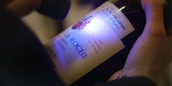 Vinska steklenica na pregledu v vinskem filmu Sour Grapes.