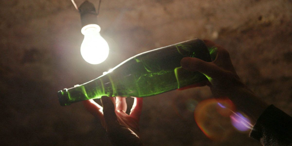 Une bouteille tenue à la lumière dans le film Une année en Champagne.