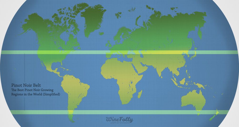 Nekoliko poenostavljen zemljevid sveta, ki prikazuje najboljše regije modrega modrega pinota