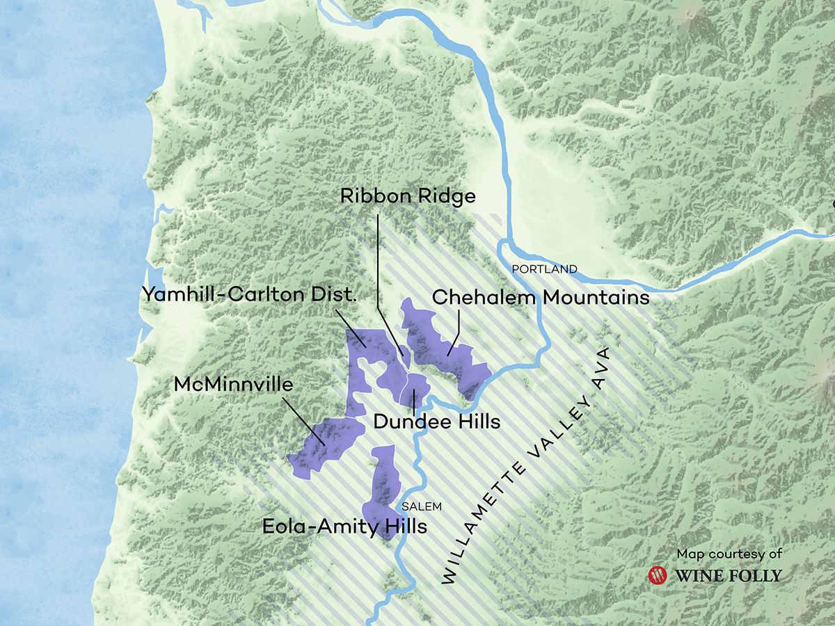 Oregono vyno AVA, skirtas „Pinot Noir“ Willamette slėnio žemėlapiui, kurį pateikė „Wine Folly“