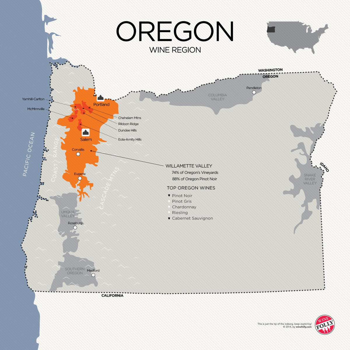 ओरेगन वाइन देश का नक्शा बड़ा