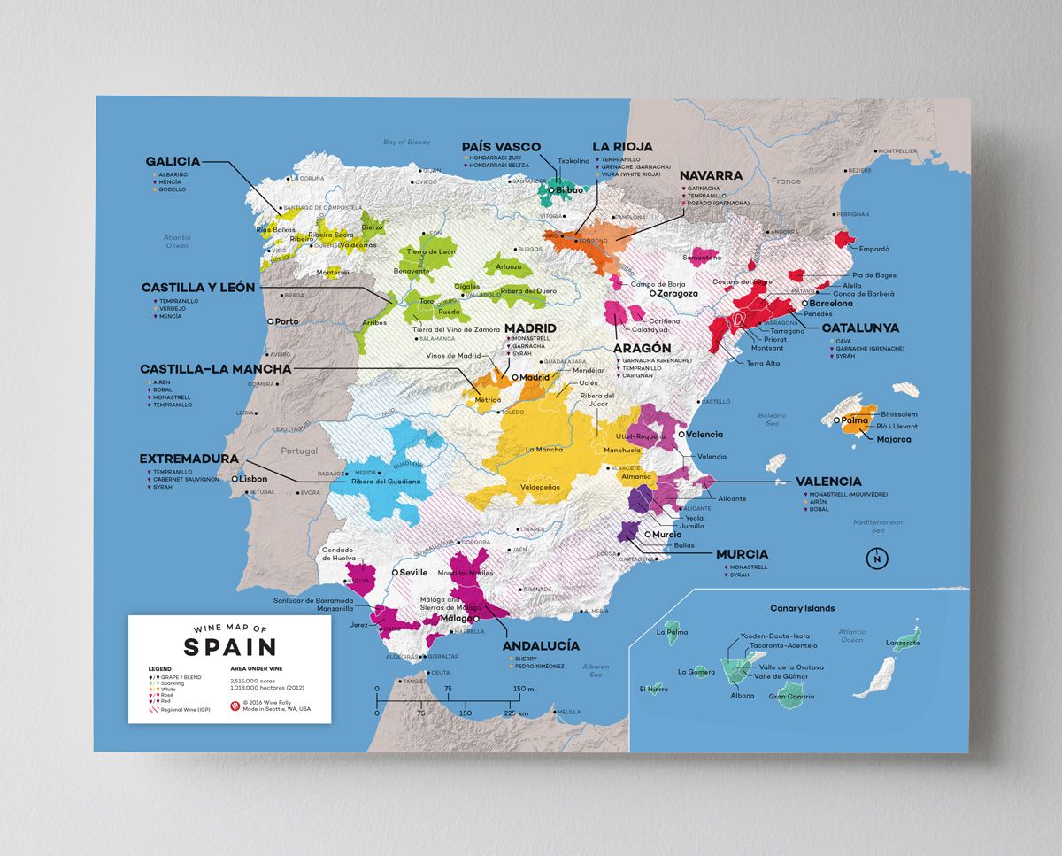12x16 Ispanijos vyno žemėlapis, kurį sukūrė „Wine Folly“