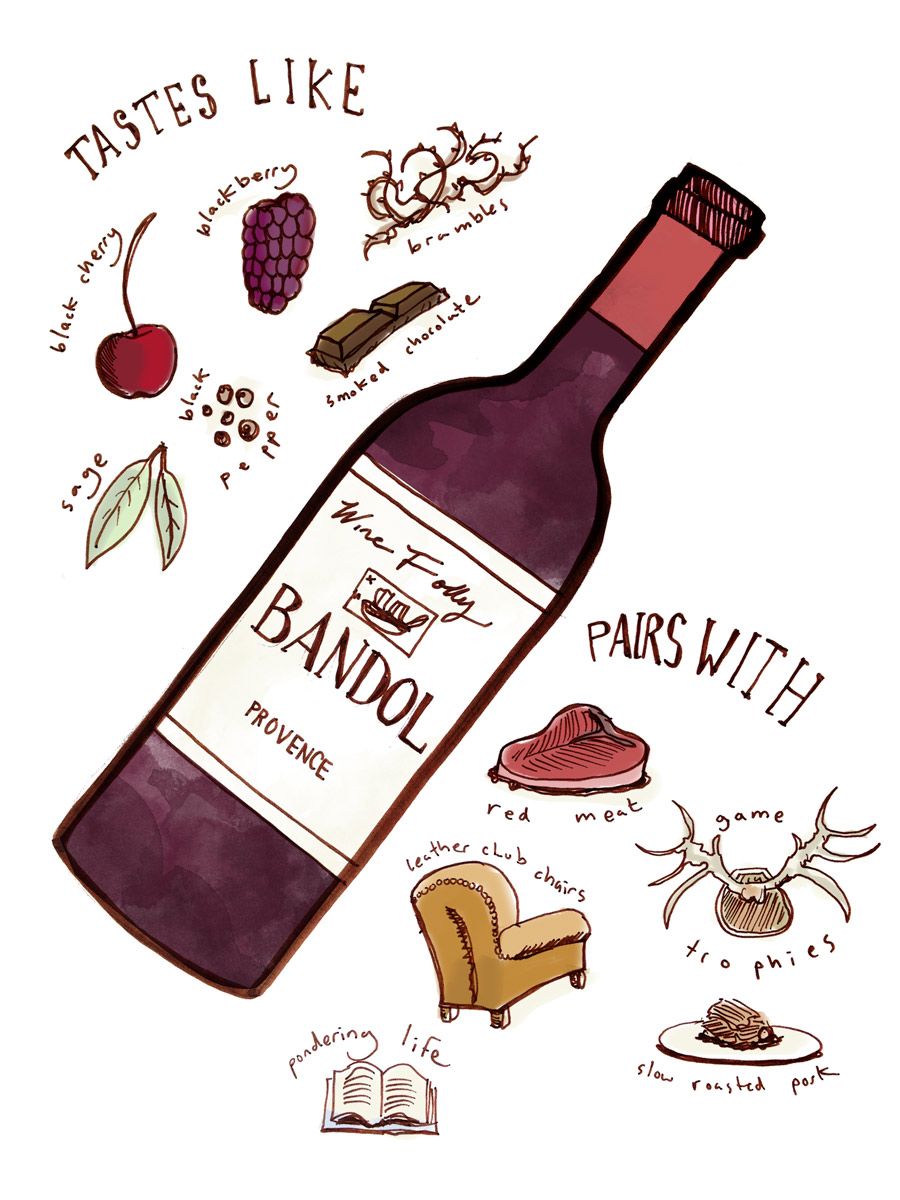 ワインフォリーによるプロヴァンスのイラストからのバンドールムールヴェードルワインの味のプロファイル