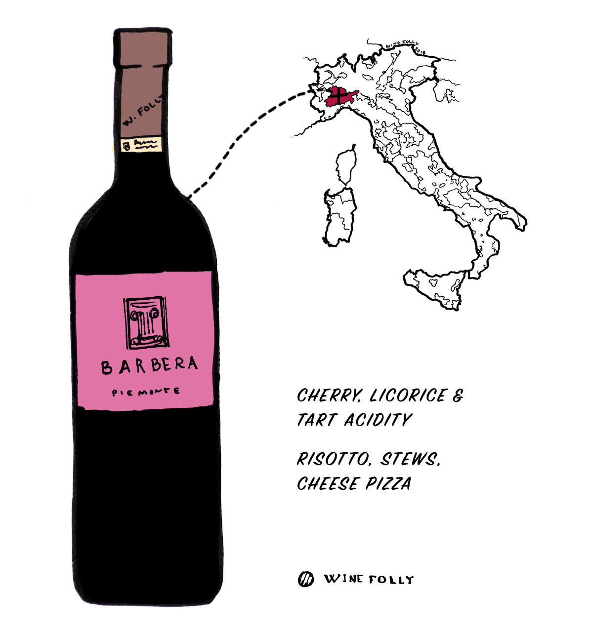 ענבי יין אדום ברברה מאיטליה - בחירה מצוינת למתחילים ביין איטלקי - איור מאת Wine Folly