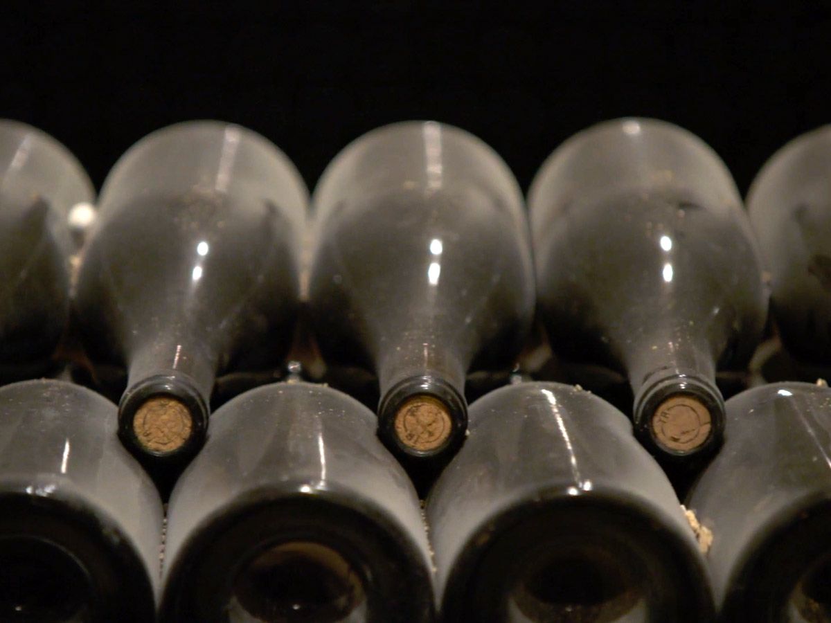 יינות בבקבוקים במרתף ללא תוויות