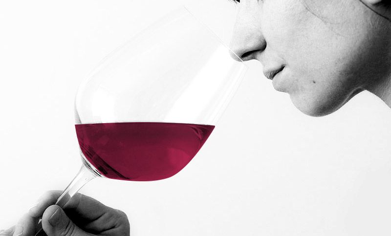 Moterys, kvepiančios taurę raudono vyno pagal „Wine Folly“